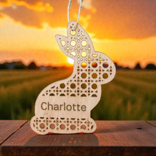 Wood Lattice Easter Bunny Name Tag with Personalized Name