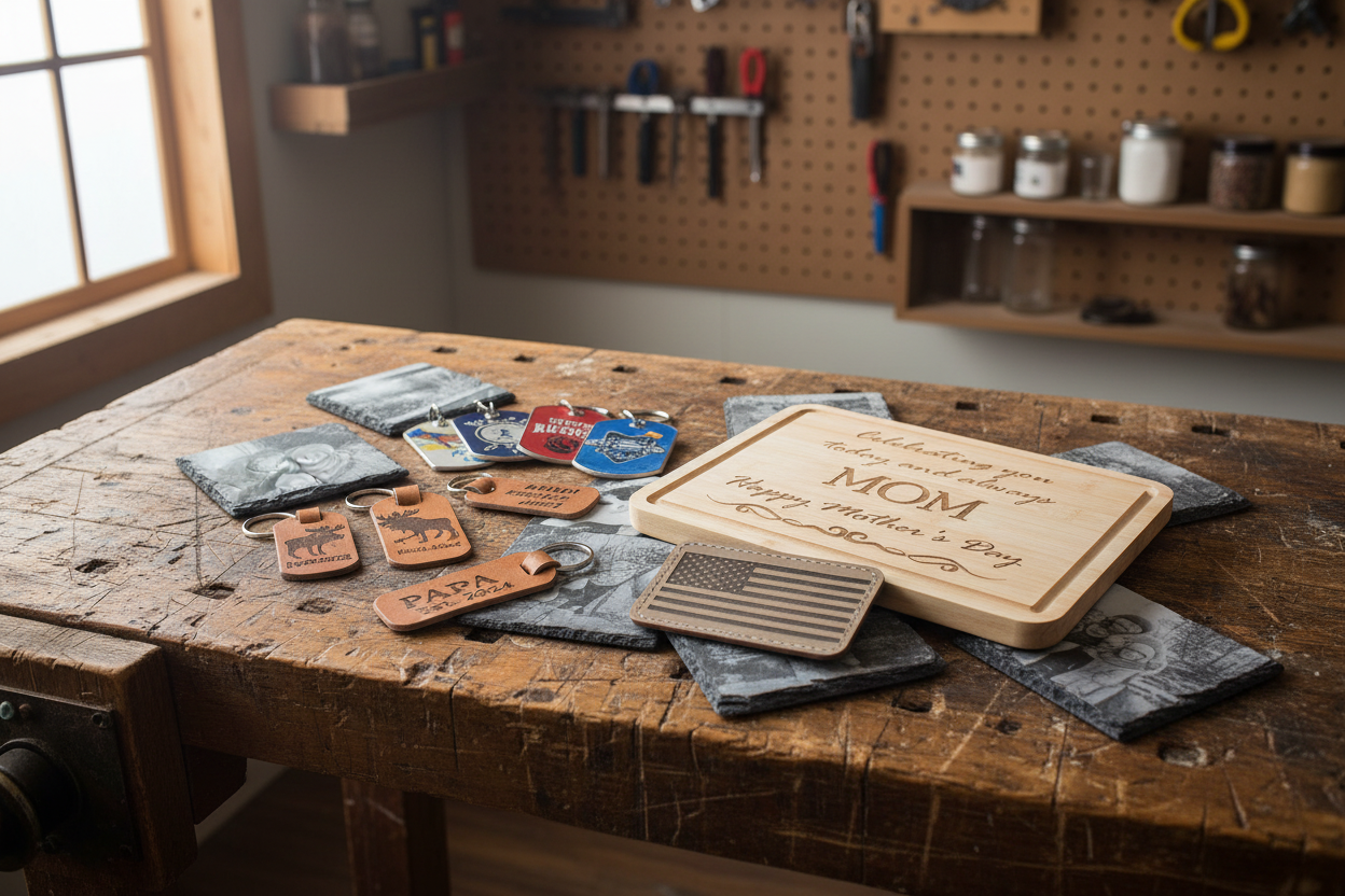 Maine craft products on rustic workbench